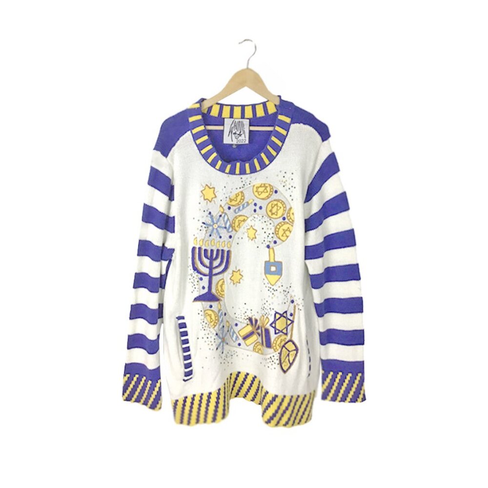WHOOPI "C" For Chanukah Cotton Blend Crewneck Holiday Christmas Party Sweater - Picture 2 of 10